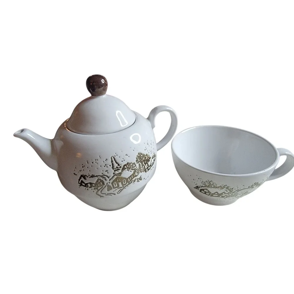 Cracker Barrel Christmas Tea Pot Cup Set Stackable Ceramic Winter Scene Holiday